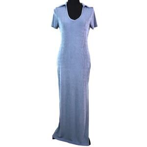 CIDER Powder Blue Slinky Maxi Dress with Collar Short Sleeve Slinky Jersey M